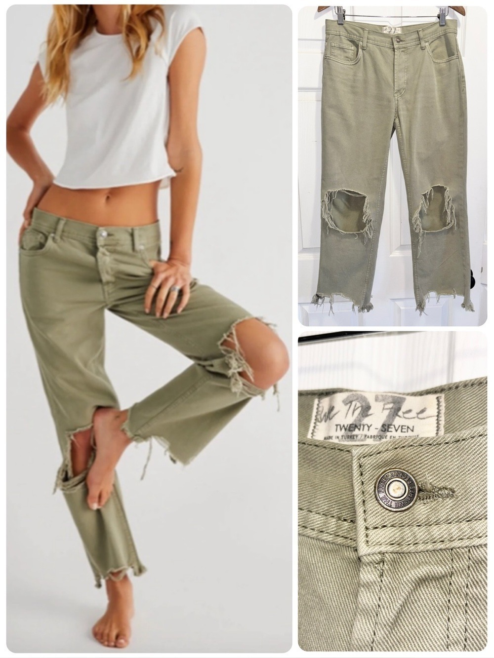 FREE PEOPLE We The Free Maggie Jeans Relaxed Distressed Straight in Moss Size 27